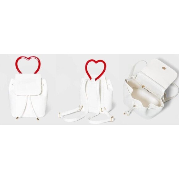 Wild Fable White Mini Backpack w Flap Drawstring Closure Red Heart Handle NWT - Picture 1 of 9